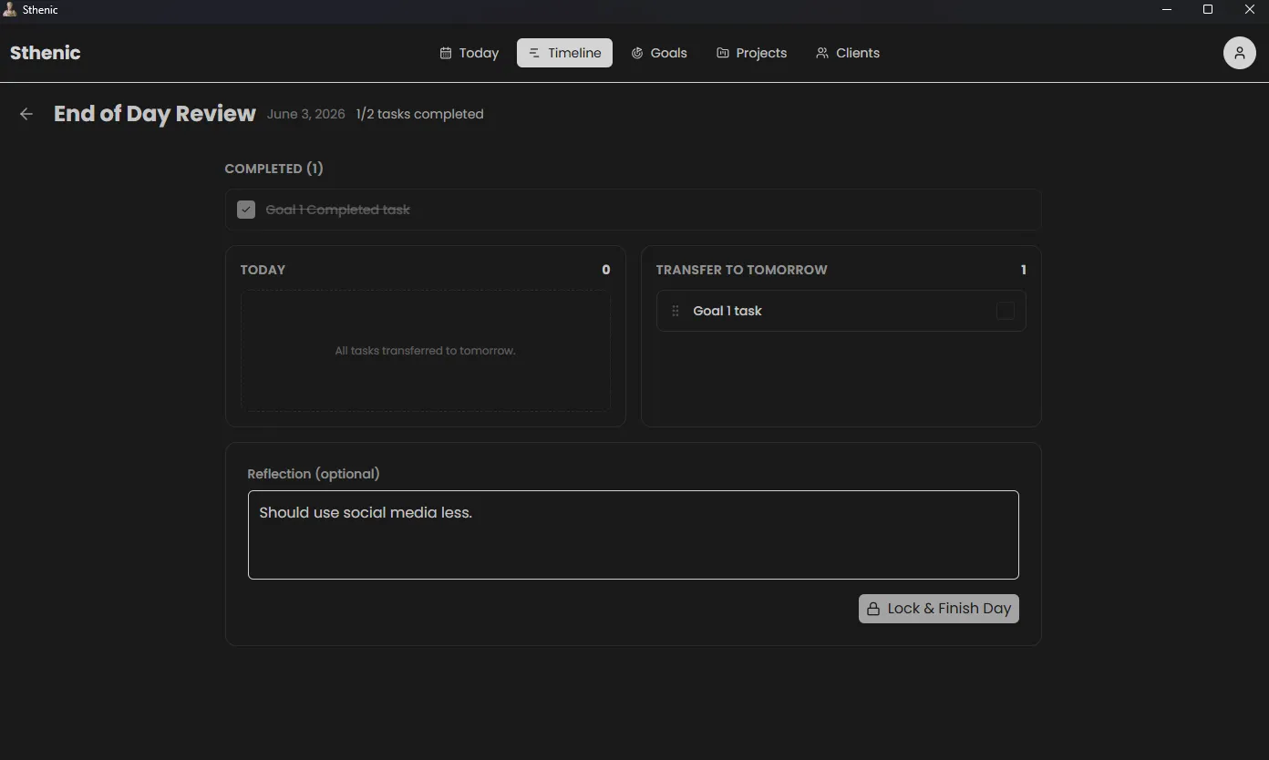 Sthenic review screen transferring unfinished tasks to the next day