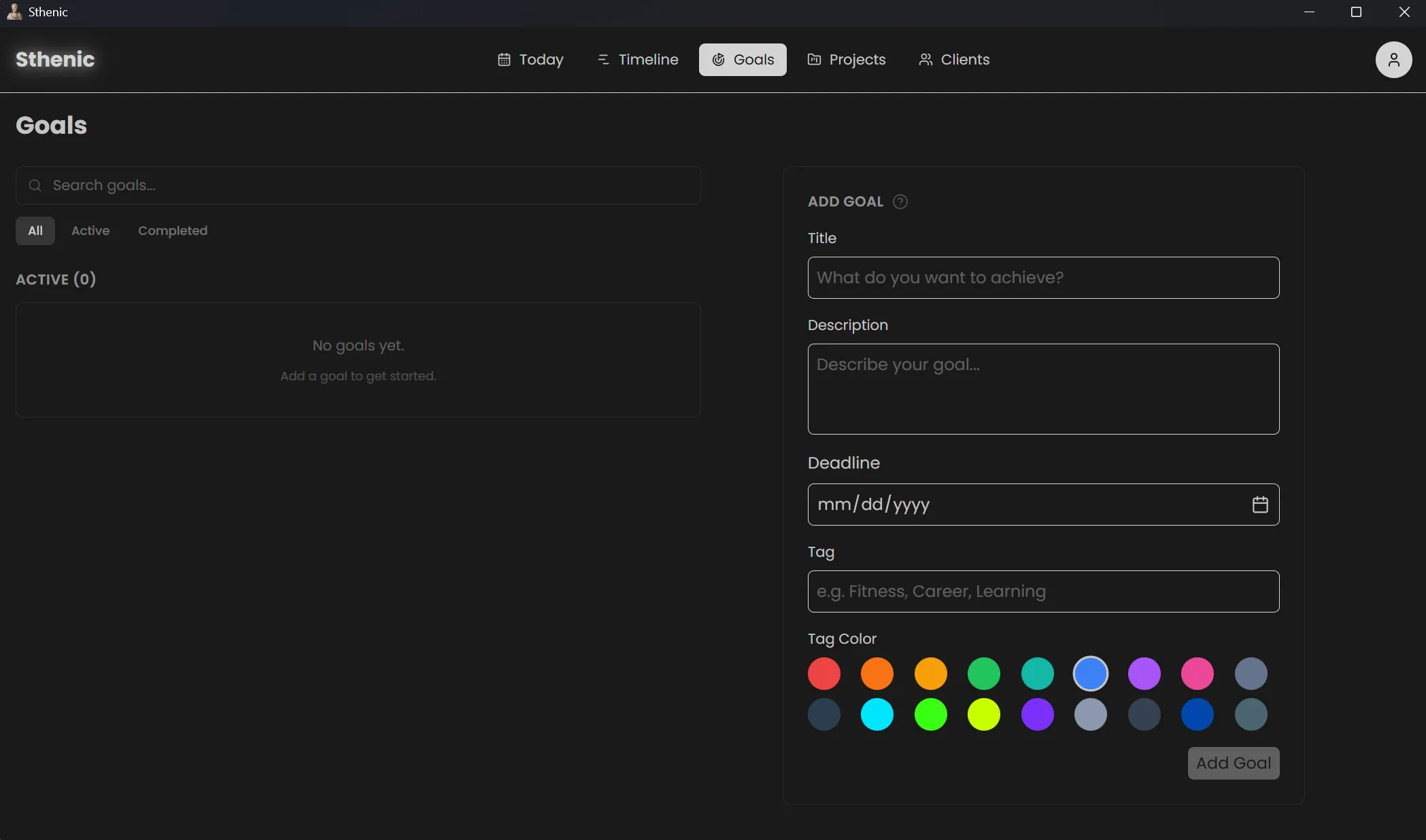 Creating a goal with deadline and tags in Sthenic
