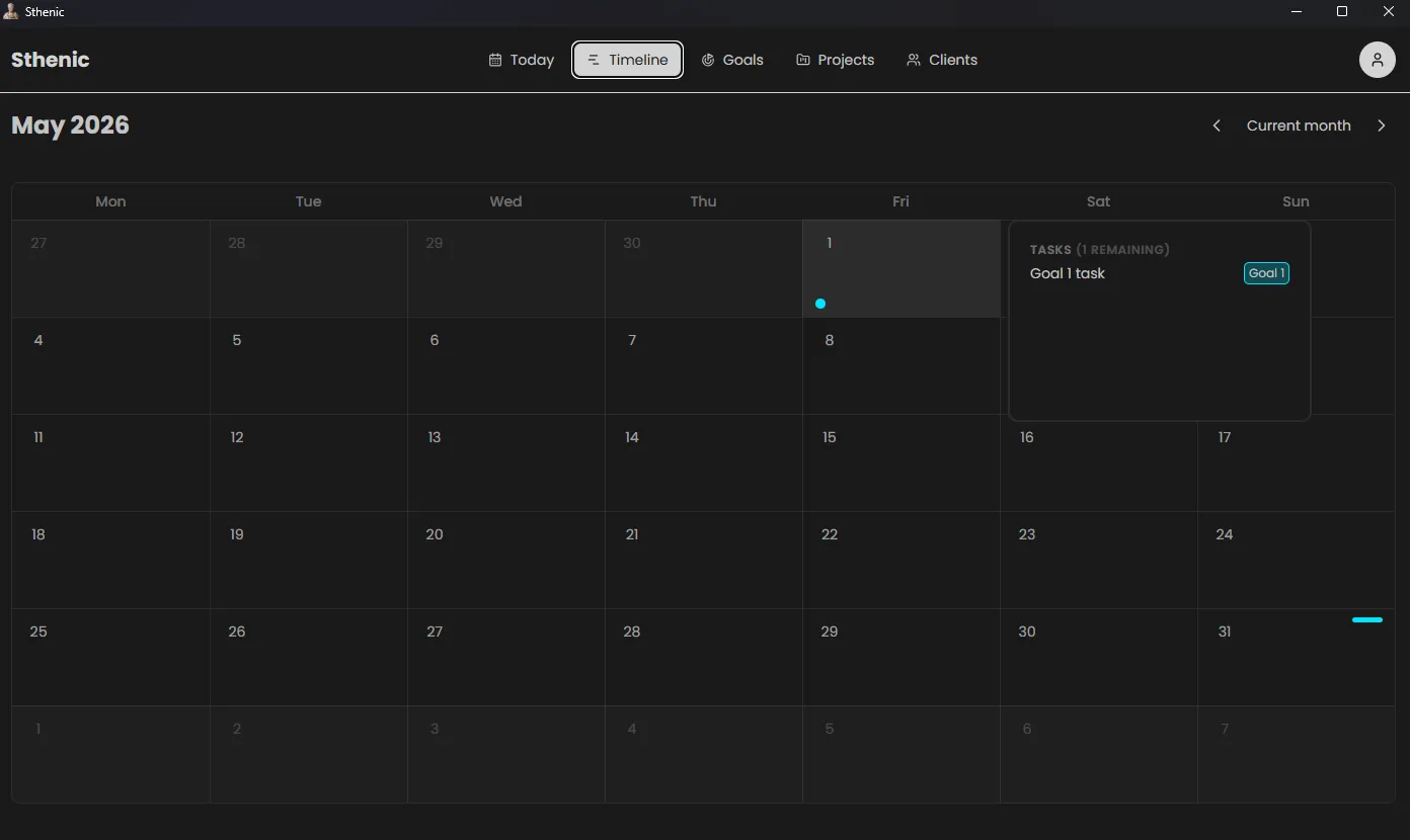 The Sthenic timeline — a month of goals with per-day activity cells